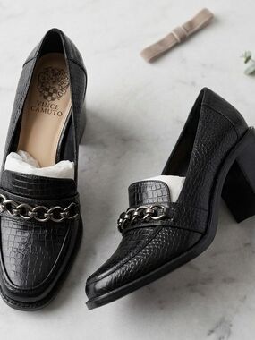 Vince Camuto Black Croc-Embossed Chain Block Heel Loafers